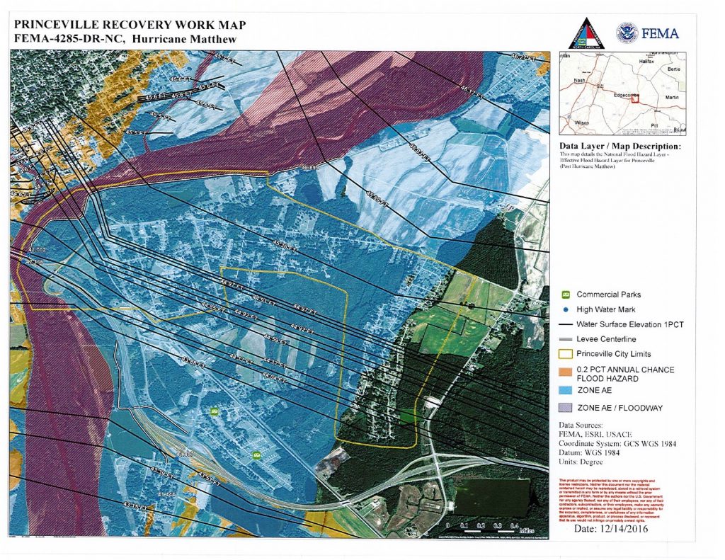 A map created to support Princeville's recovery after Hurricane Matthew flooded homes and buildings in the area in 2016.